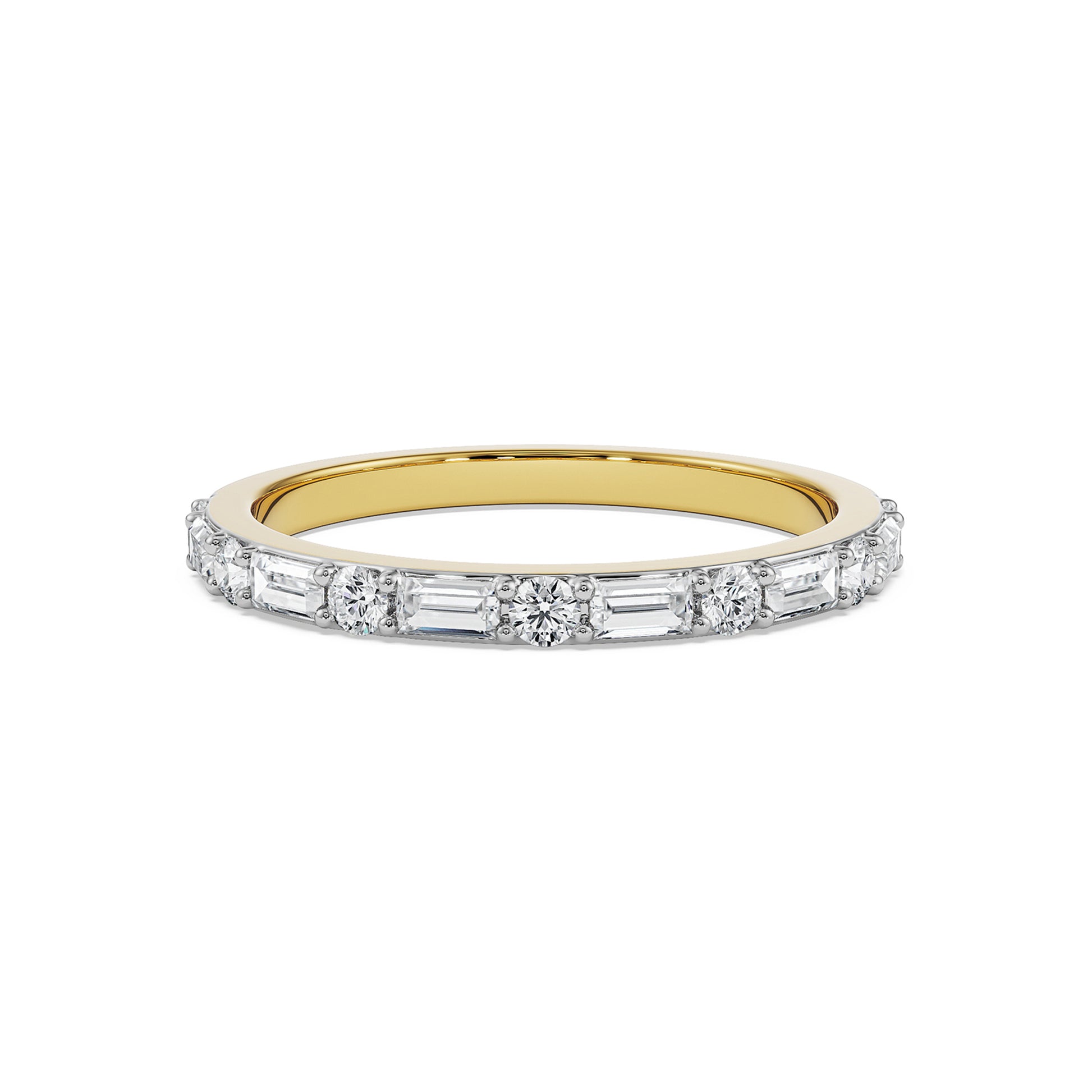 18K Yellow Gold Baguette and Round Diamond Stackable Ring