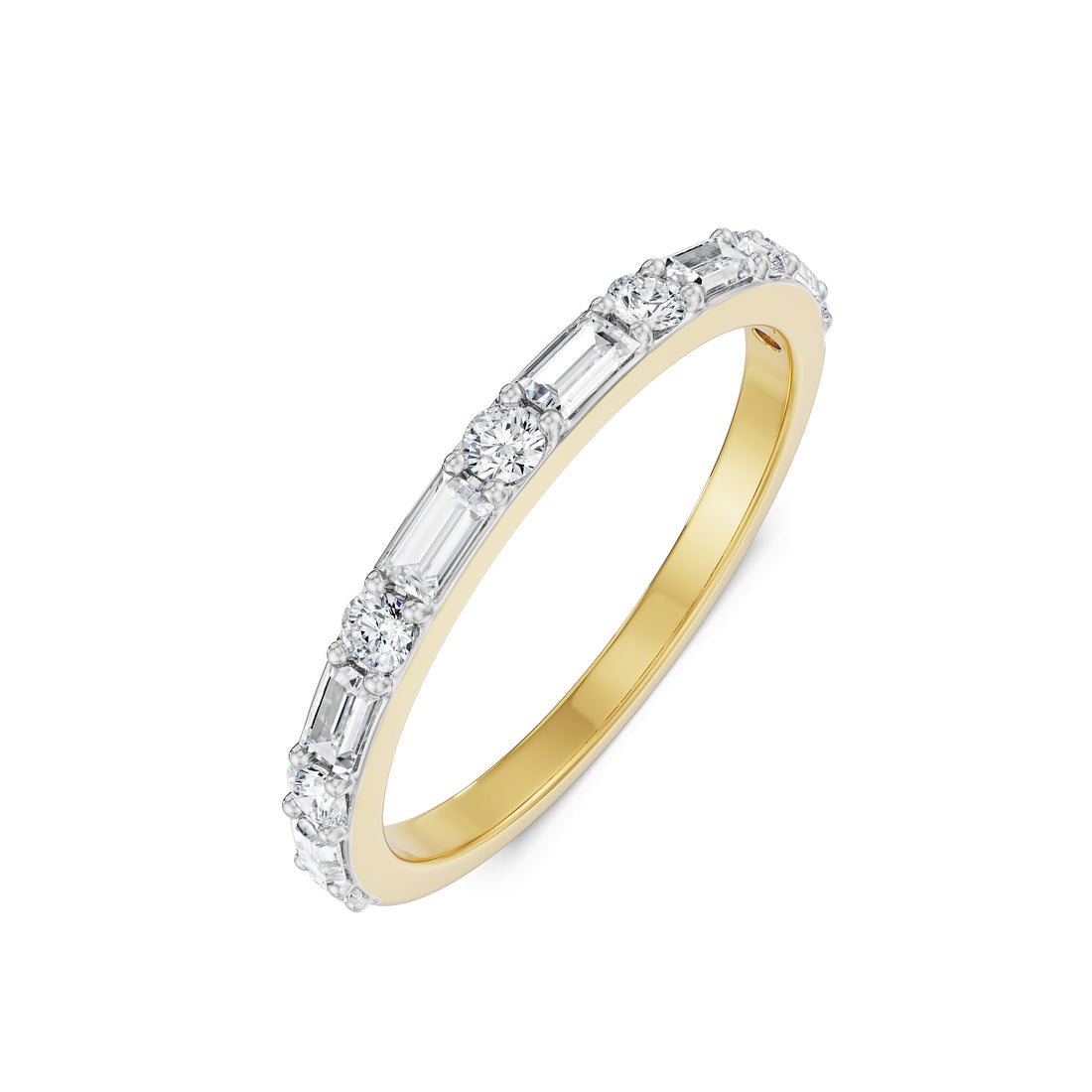 18K Yellow Gold Baguette and Round Diamond Stackable Ring