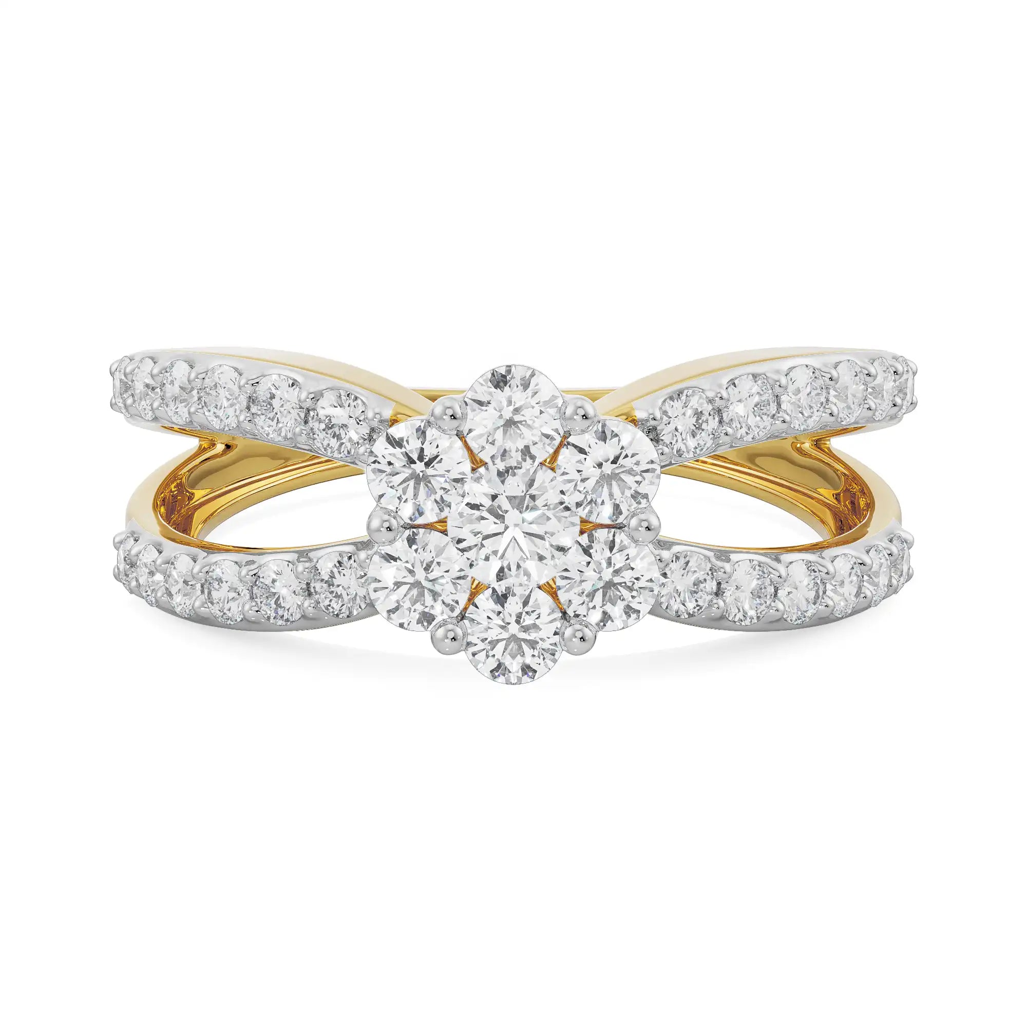 18K Yellow Gold Cluster Diamond Ring with Split Pavé Band