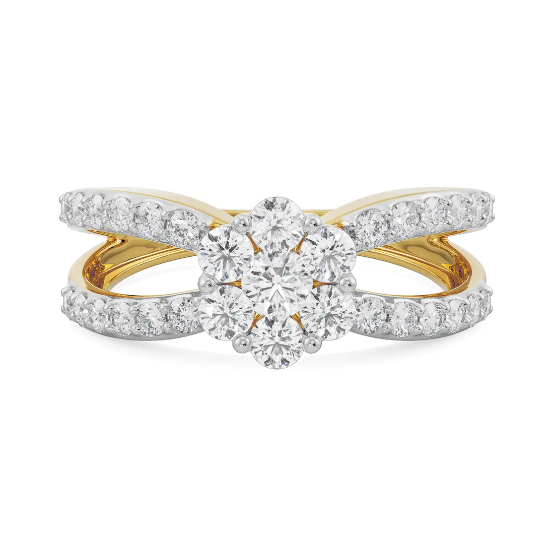 18K Yellow Gold Cluster Diamond Ring with Split Pavé Band