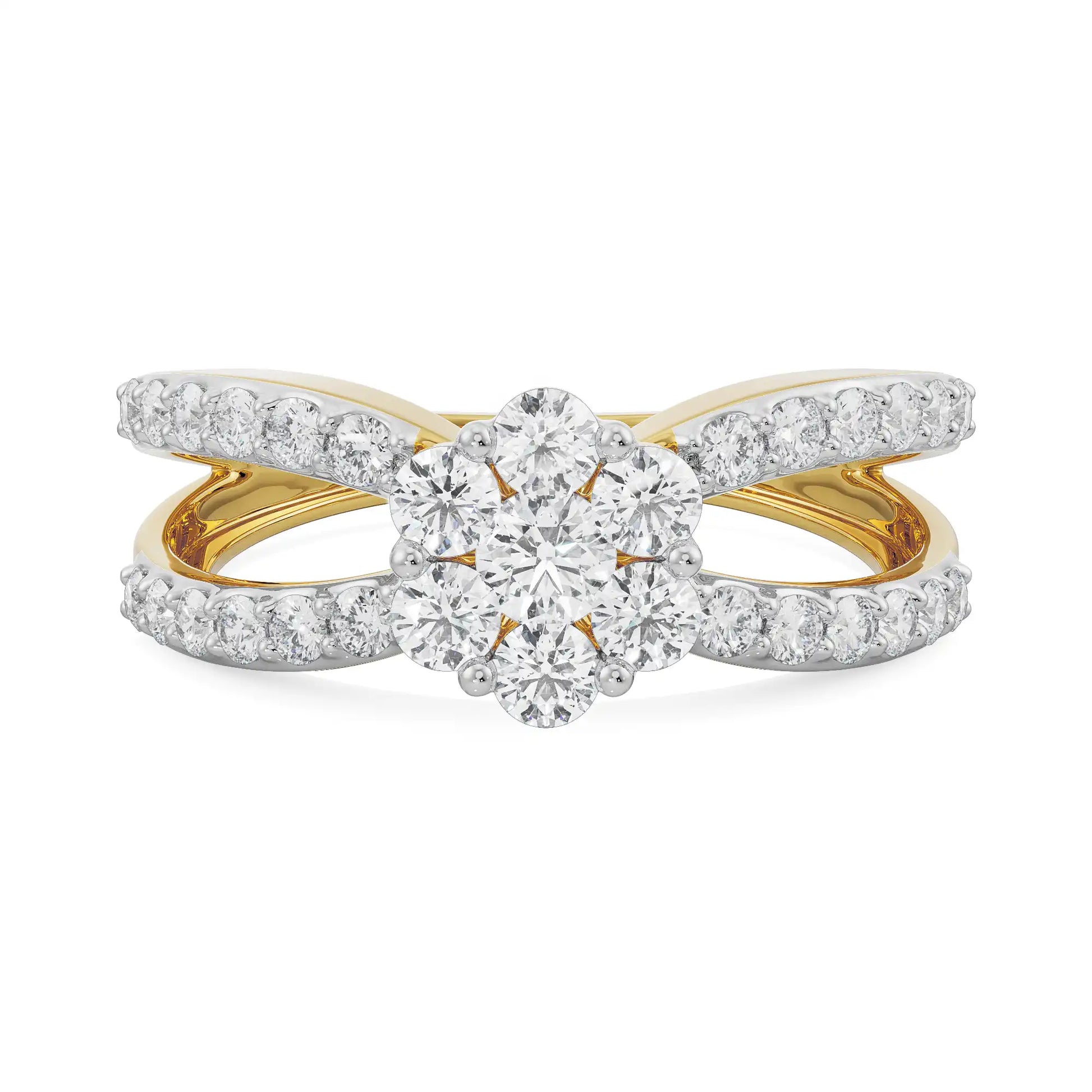 18K Yellow Gold Cluster Diamond Ring with Split Pavé Band