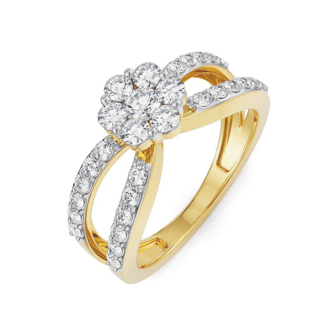 18K Yellow Gold Cluster Diamond Ring with Split Pavé Band