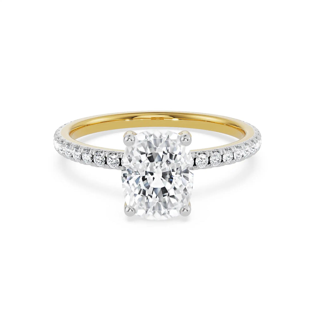 18K Yellow Gold Cushion Cut Diamond Engagement Ring with Pave Band