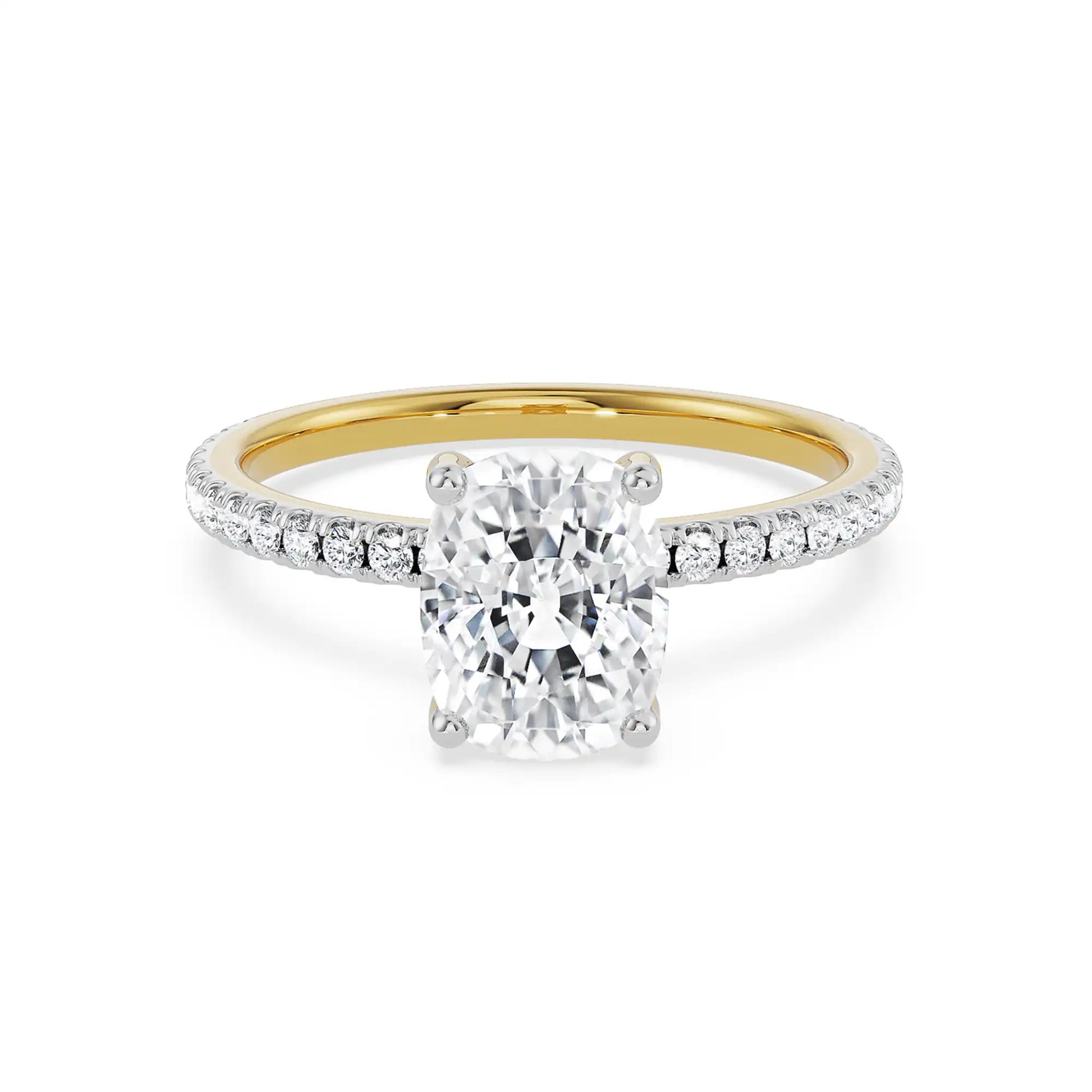 18K Yellow Gold Cushion Cut Diamond Engagement Ring with Pave Band