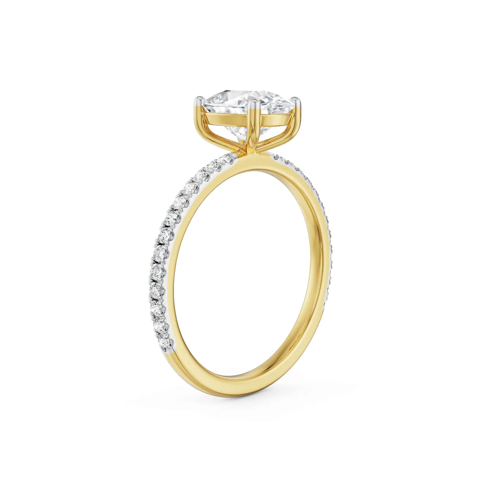 18K Yellow Gold Cushion Cut Diamond Engagement Ring with Pave Band Side View