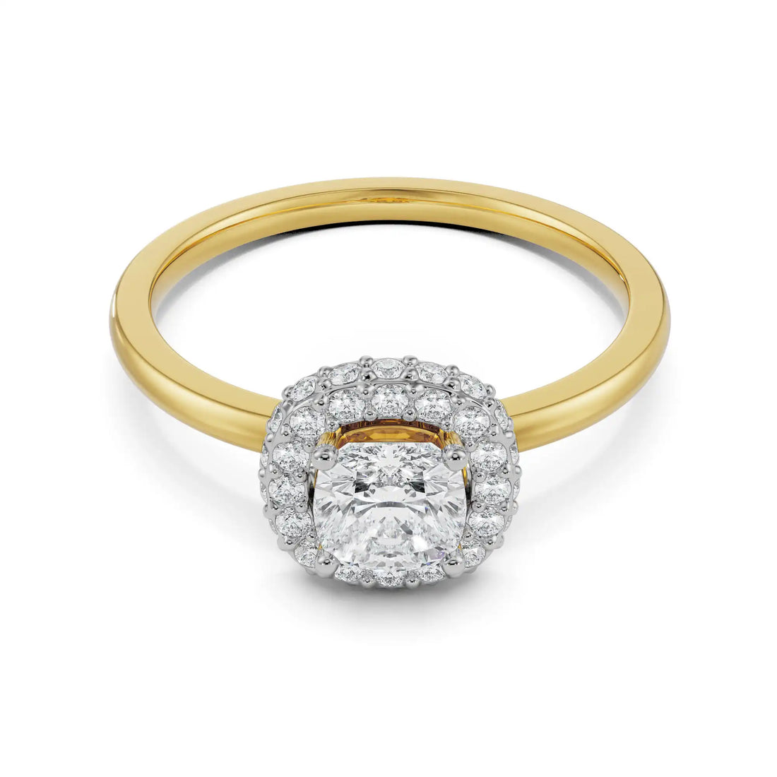 18K Yellow Gold Cushion Cut Diamond Ring with Double Halo18K Yellow Gold Cushion Cut Diamond Ring with Double Halo