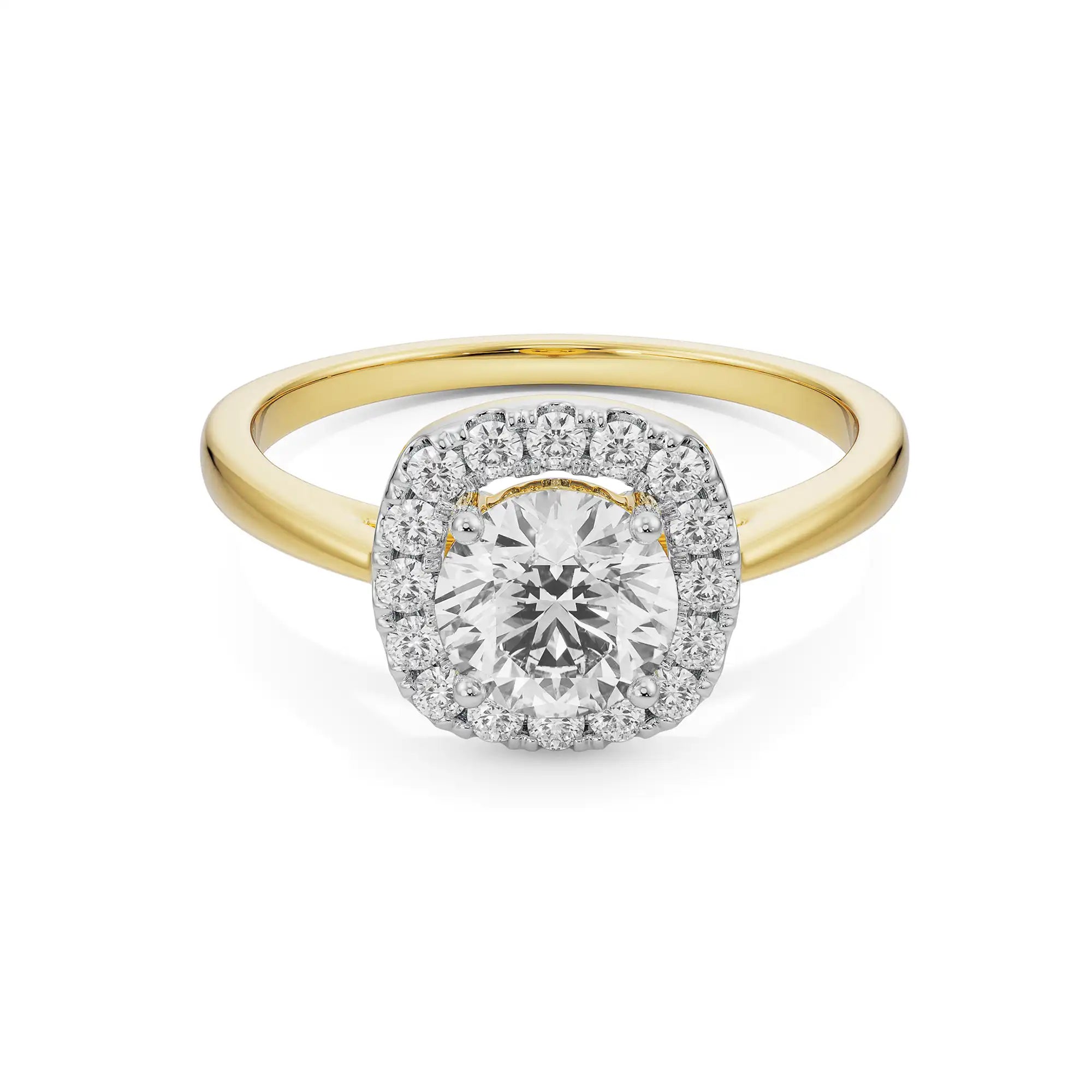 18K Yellow Gold Cushion Halo Diamond Ring