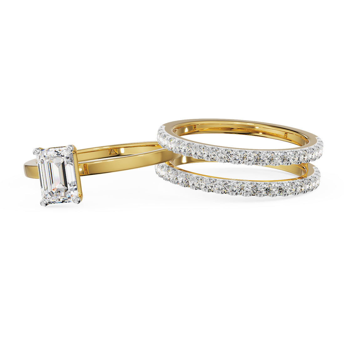18K Yellow Gold Emerald-Cut Diamond Bridal Ring Set by La Joyeria