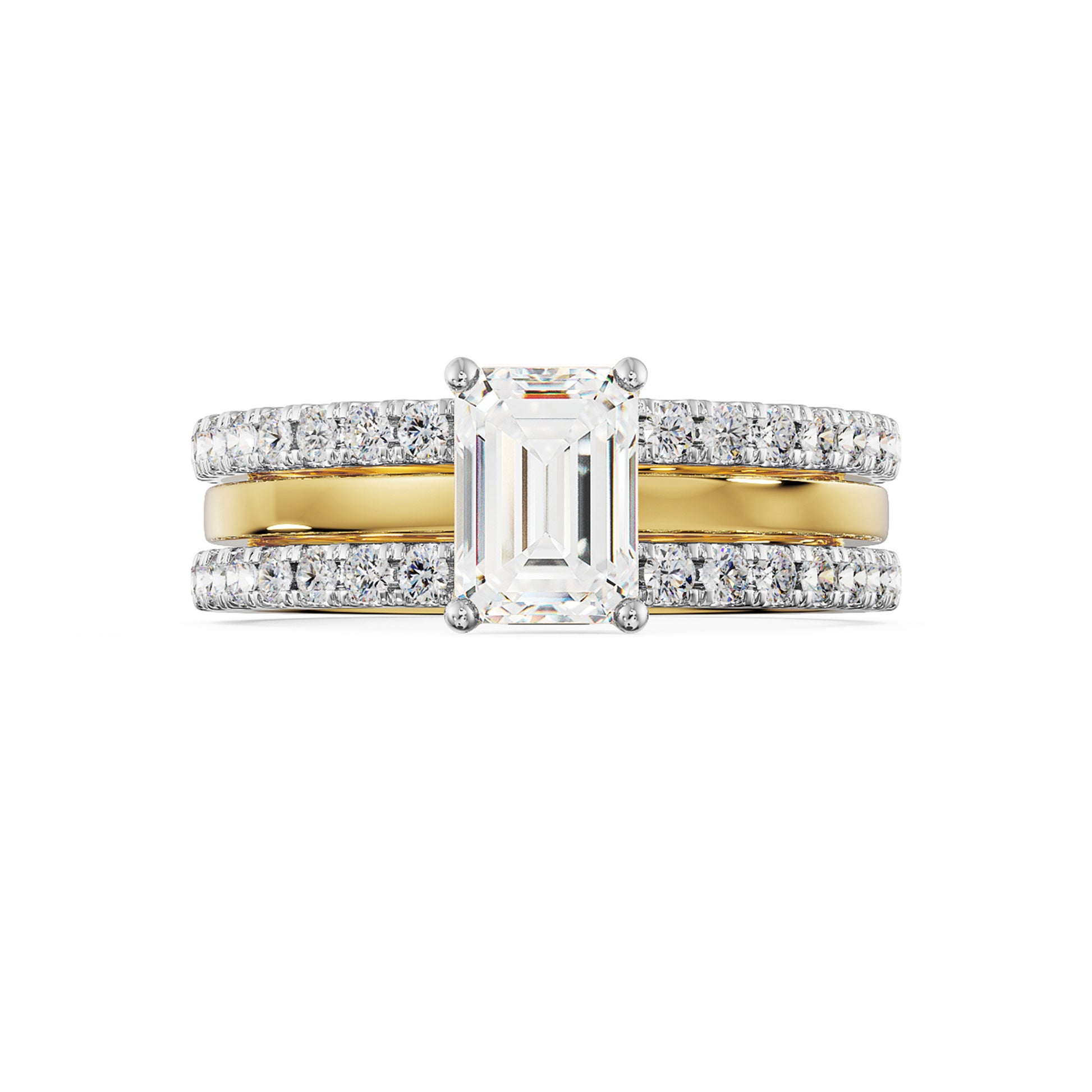 18K Yellow Gold Emerald-Cut Diamond Bridal Ring Set by La Joyeria Front View
