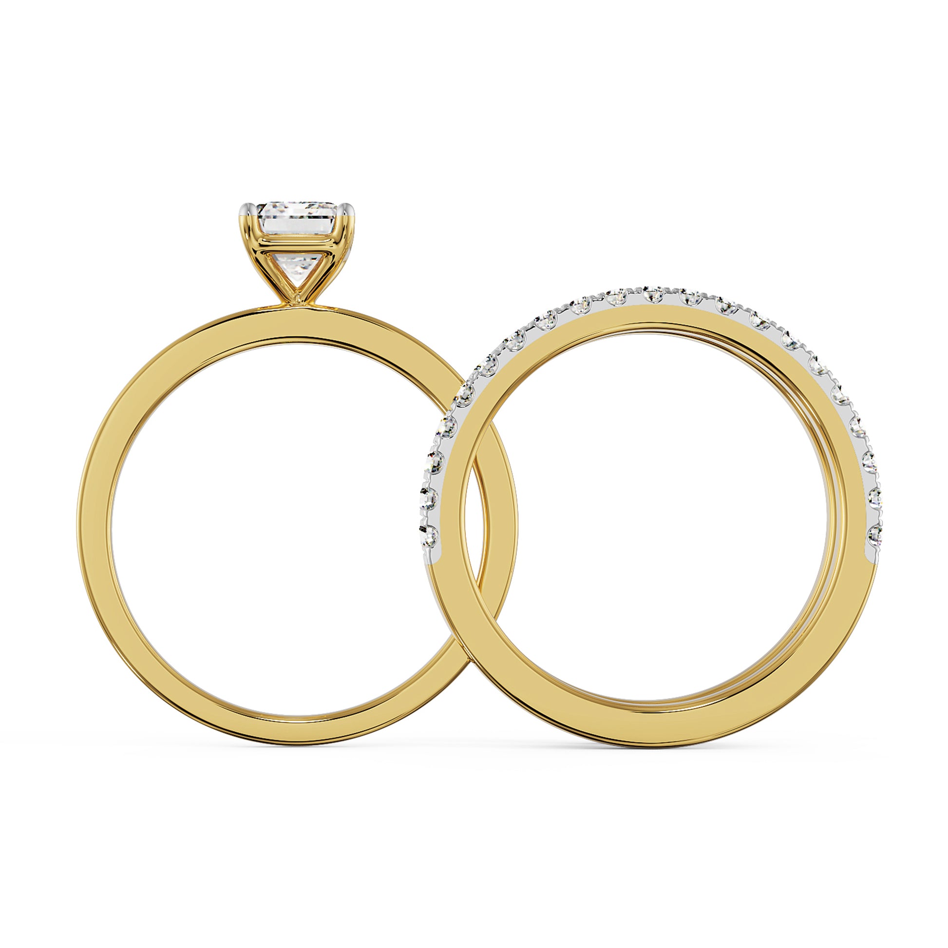 18K Yellow Gold Emerald-Cut Diamond Bridal Ring Set by La Joyeria Side View