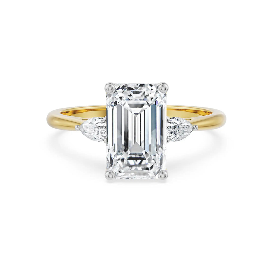 18K Yellow Gold Emerald Cut Diamond Engagement Ring with Pear Side Stones