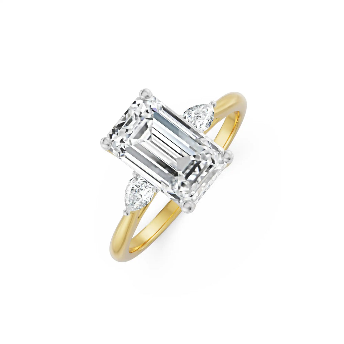 18K Yellow Gold Emerald Cut Diamond Engagement Ring with Pear Side Stones