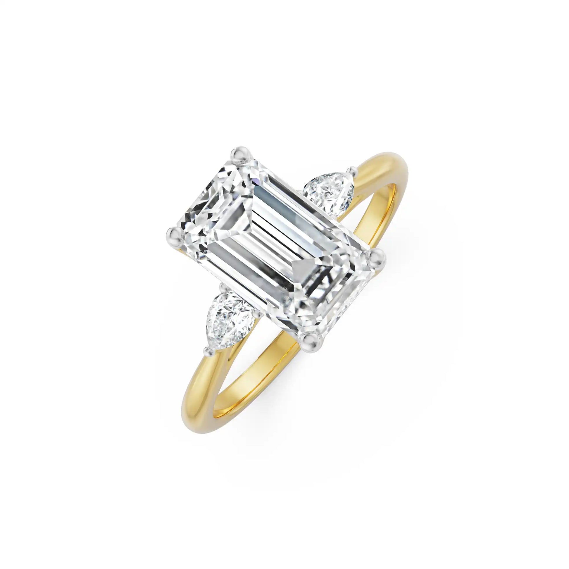18K Yellow Gold Emerald Cut Diamond Engagement Ring with Pear Side Stones Front View