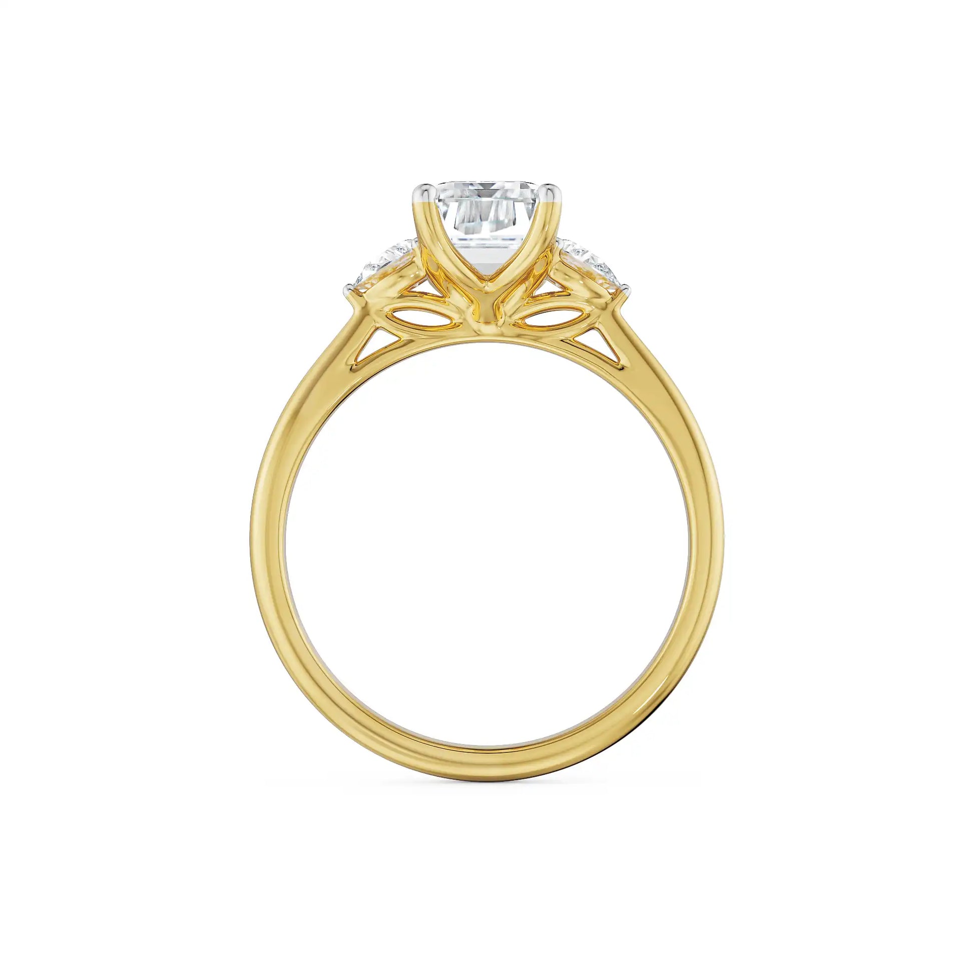 18K Yellow Gold Emerald Cut Diamond Engagement Ring with Pear Side Stones Side View 