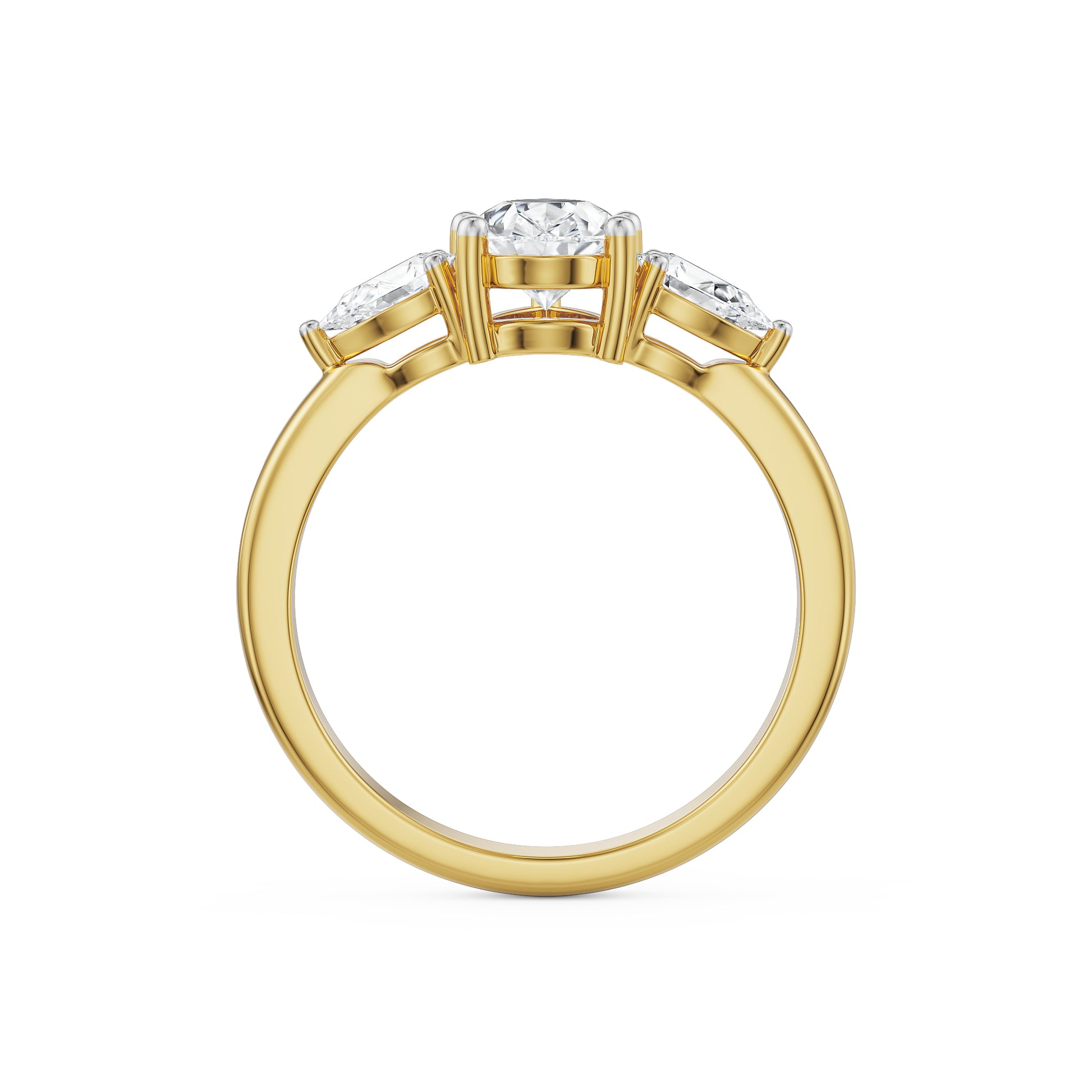 18K Yellow Gold Pear-Cut Diamond Three-Stone Ring Side View