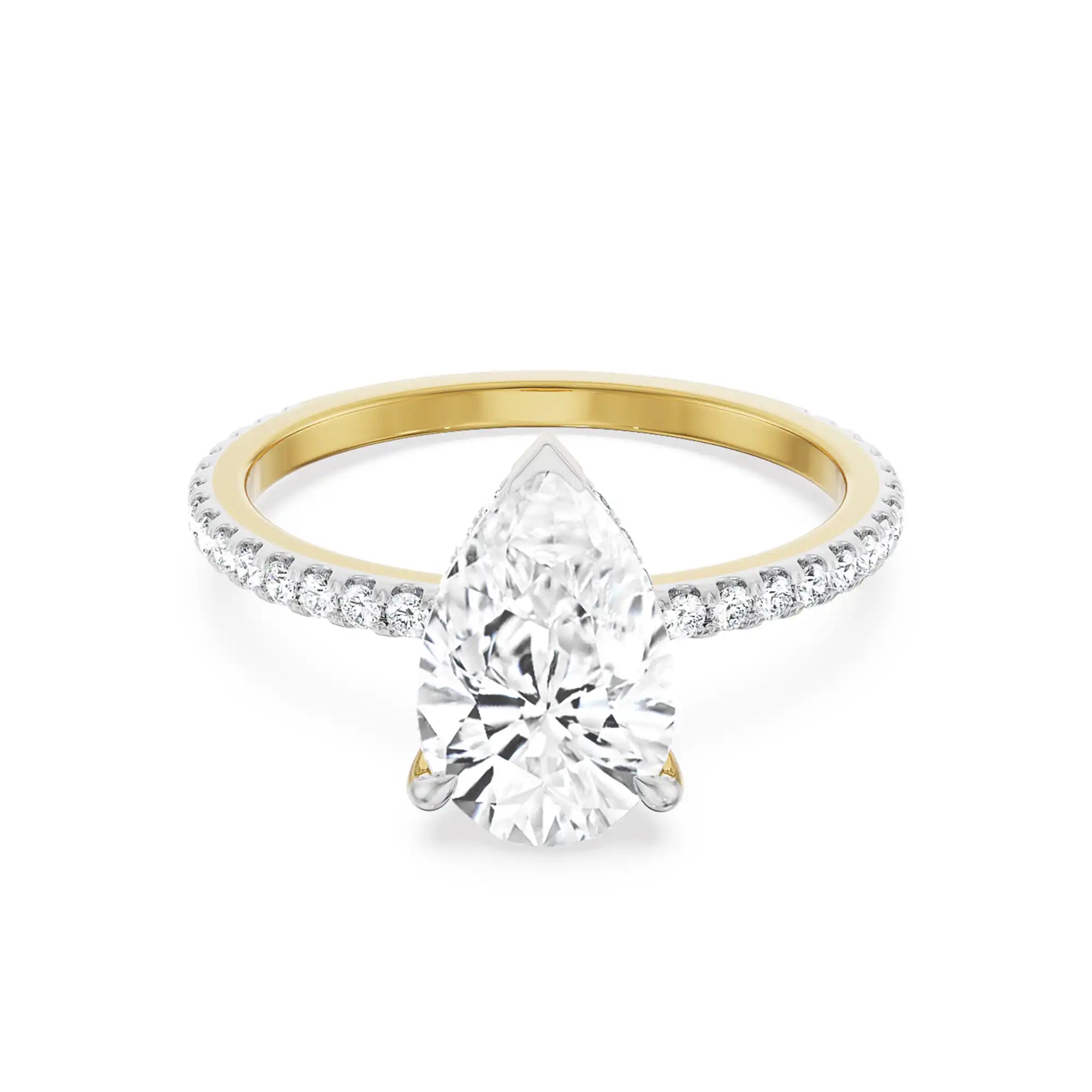 18K Yellow Gold Pear Cut Diamond Engagement Ring with Pave Band