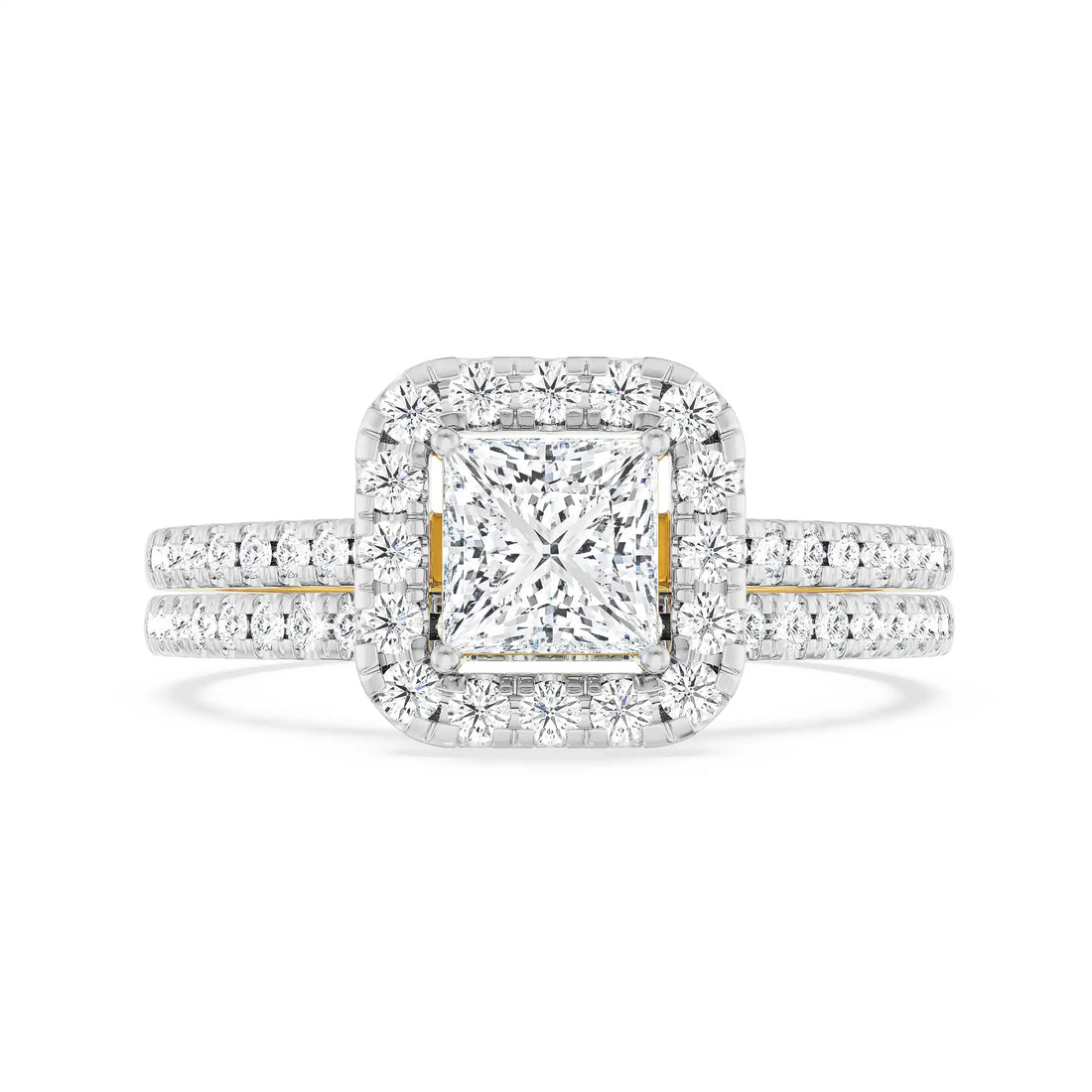 18K Yellow Gold Princess Cut Diamond Bridal Set with Halo and Pavé Band