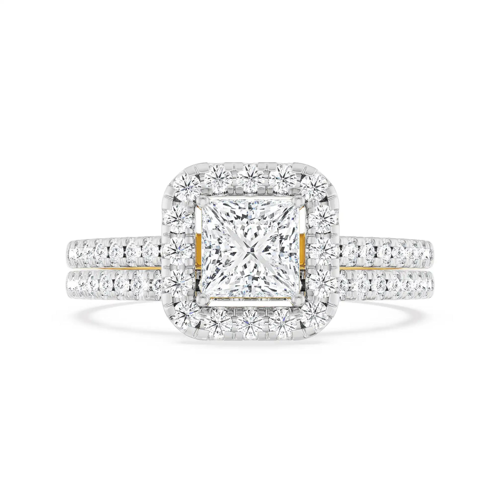 18K Yellow Gold Princess Cut Diamond Bridal Set with Halo and Pavé Band