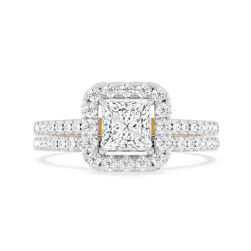 18K Yellow Gold Princess Cut Diamond Bridal Set with Halo and Pavé Band