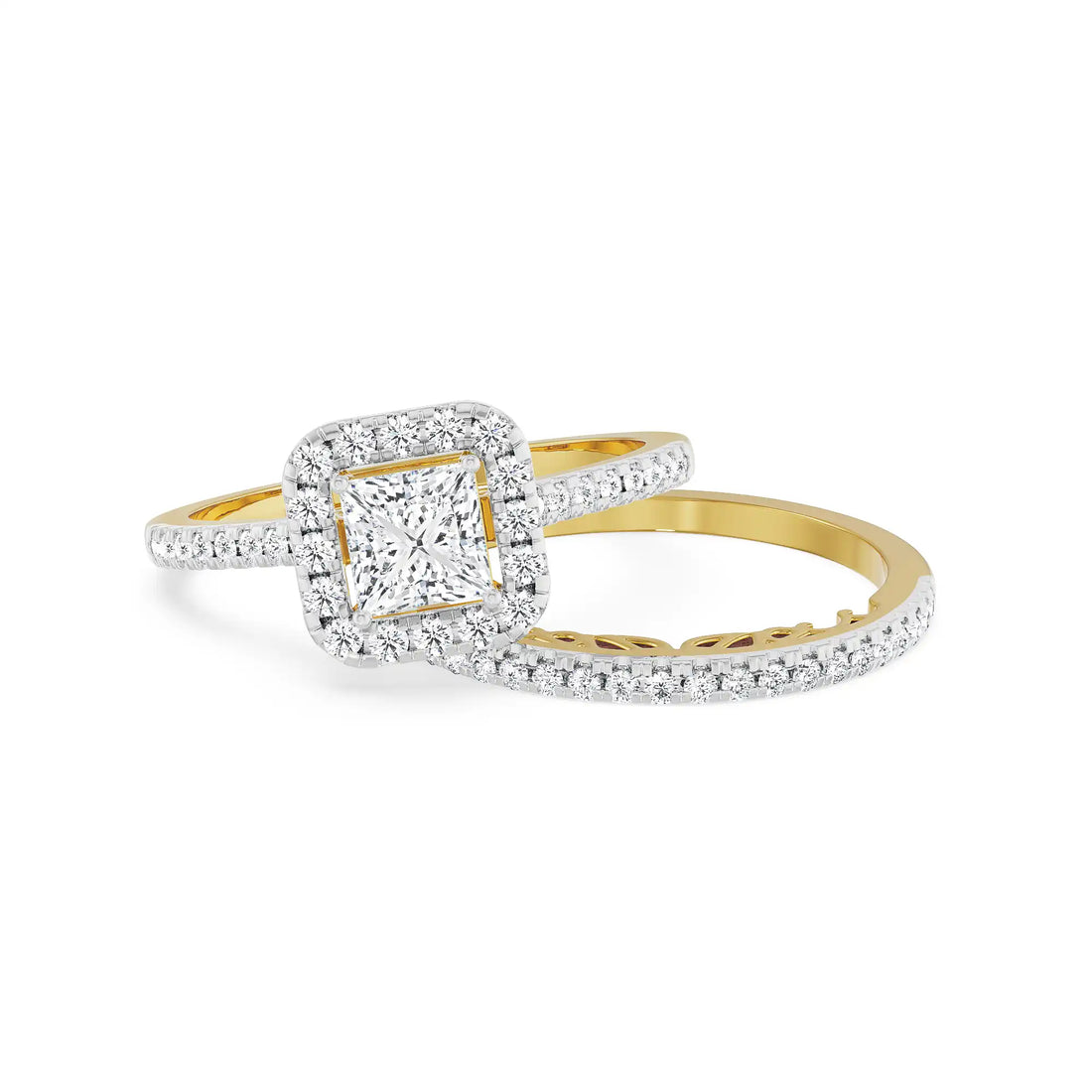 18K Yellow Gold Princess Cut Diamond Bridal Set with Halo and Pavé Band
