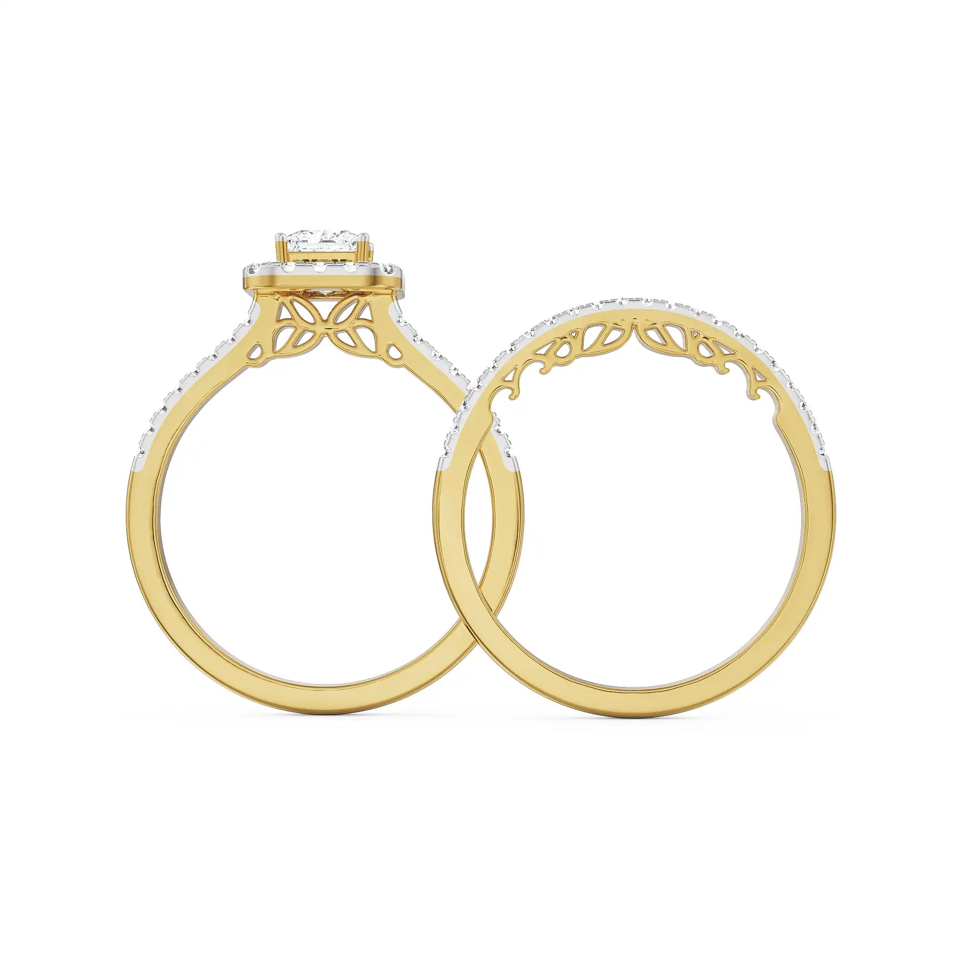 18K Yellow Gold Princess Cut Diamond Bridal Set with Halo and Pavé Band Side View