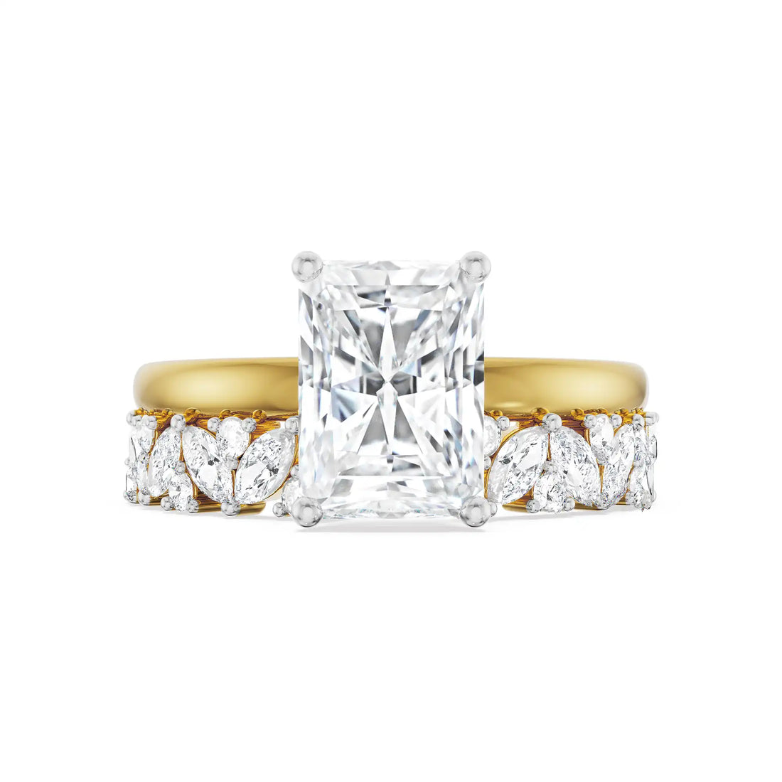 18K Yellow Gold Radiant Cut Diamond Bridal Ring Set with Marquise Accents