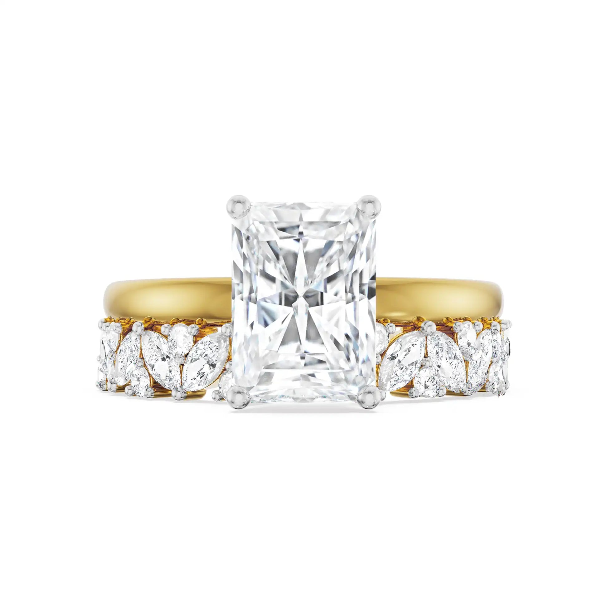 18K Yellow Gold Radiant Cut Diamond Bridal Ring Set with Marquise Accents