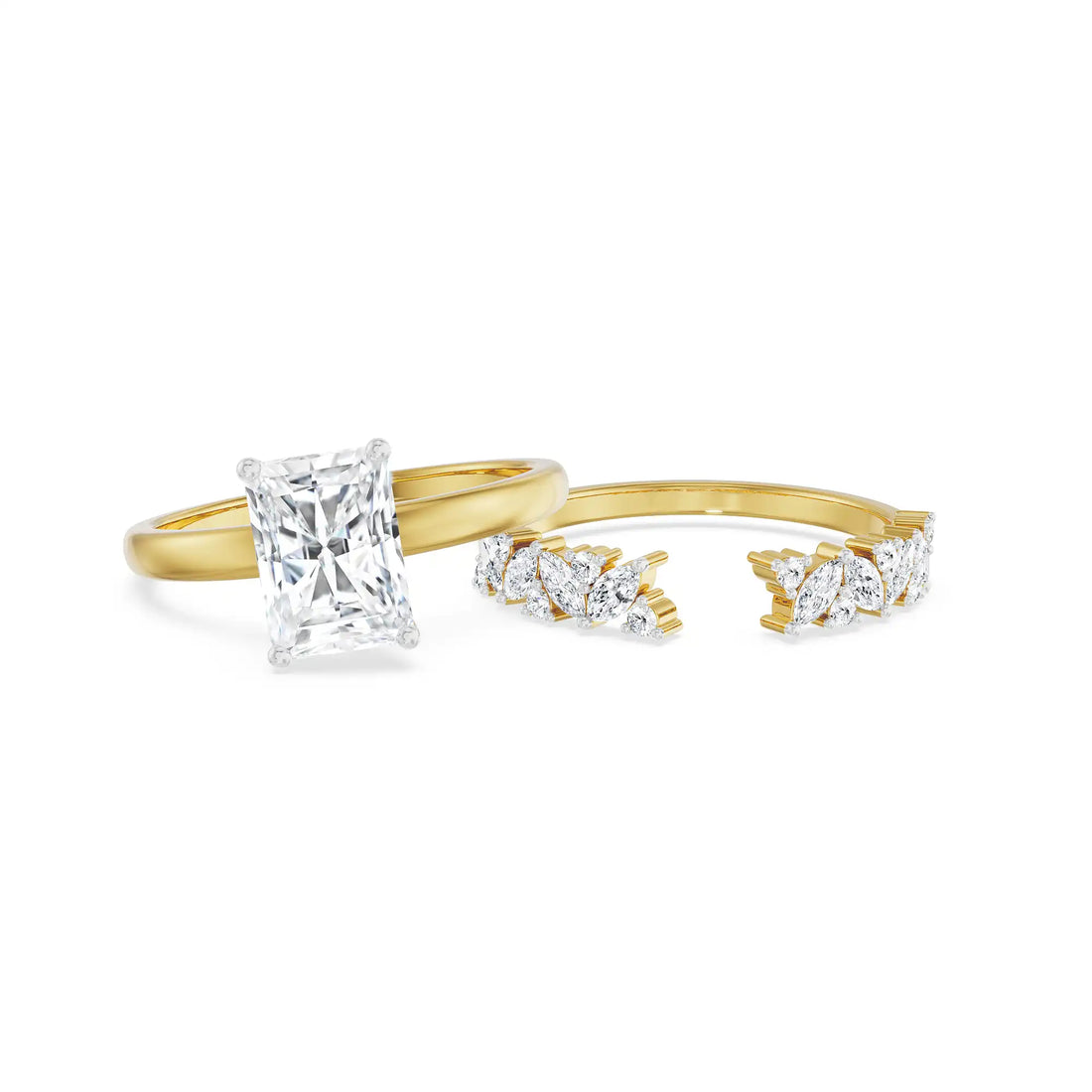 18K Yellow Gold Radiant Cut Diamond Bridal Ring Set with Marquise Accents