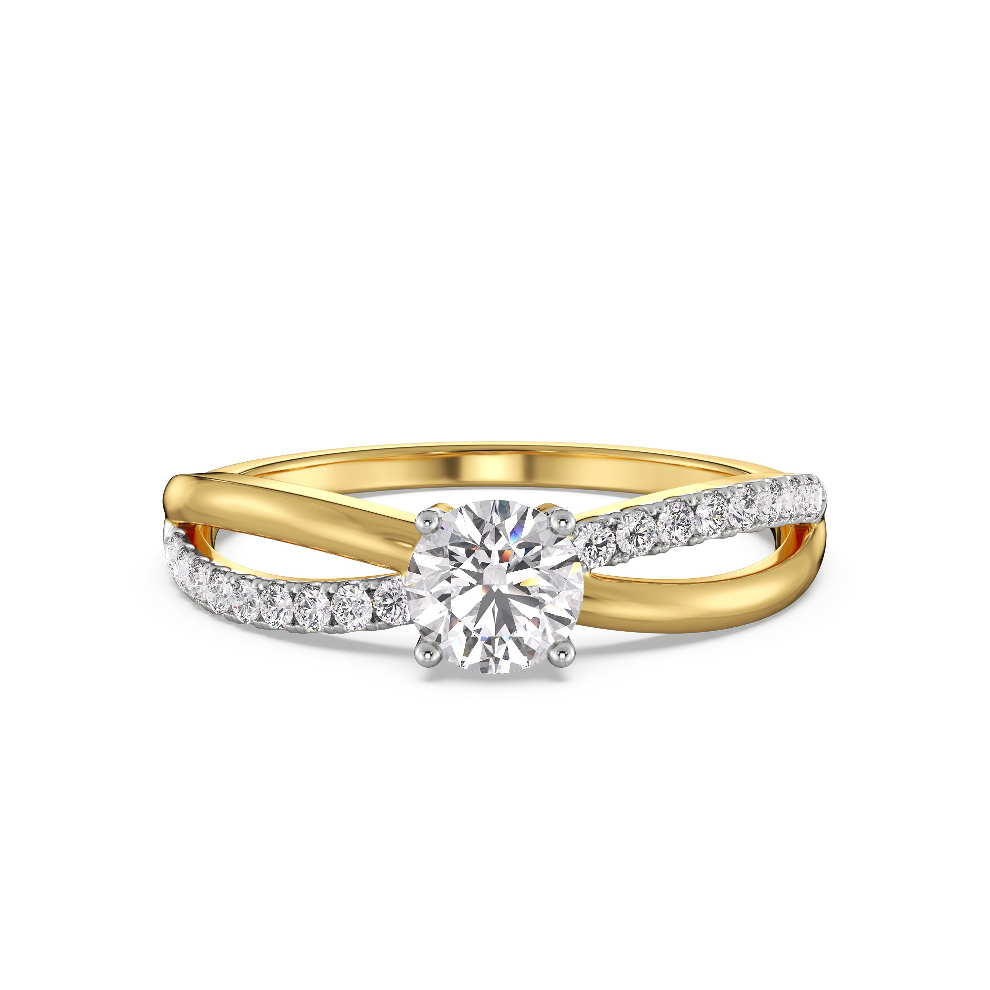 18K Yellow Gold Round Diamond Engagement Ring Criss-Cross Pavé Band