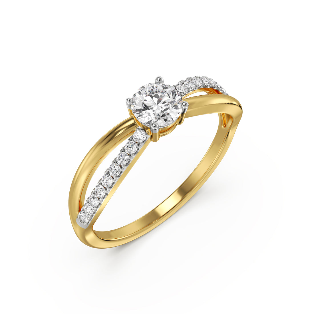 18K Yellow Gold Round Diamond Engagement Ring Criss-Cross Pavé Band