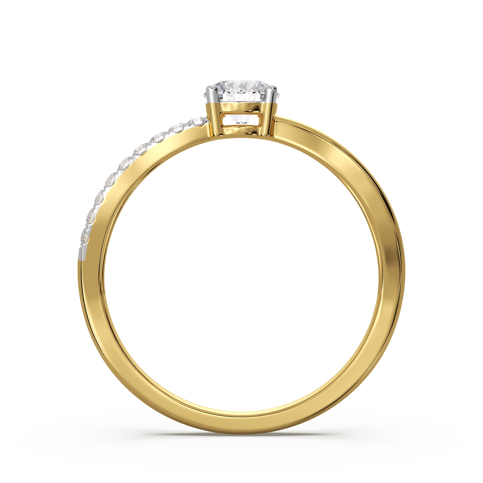 18K Yellow Gold Round Diamond Engagement Ring Criss-Cross Pavé Band Side View 2 La Joyeria