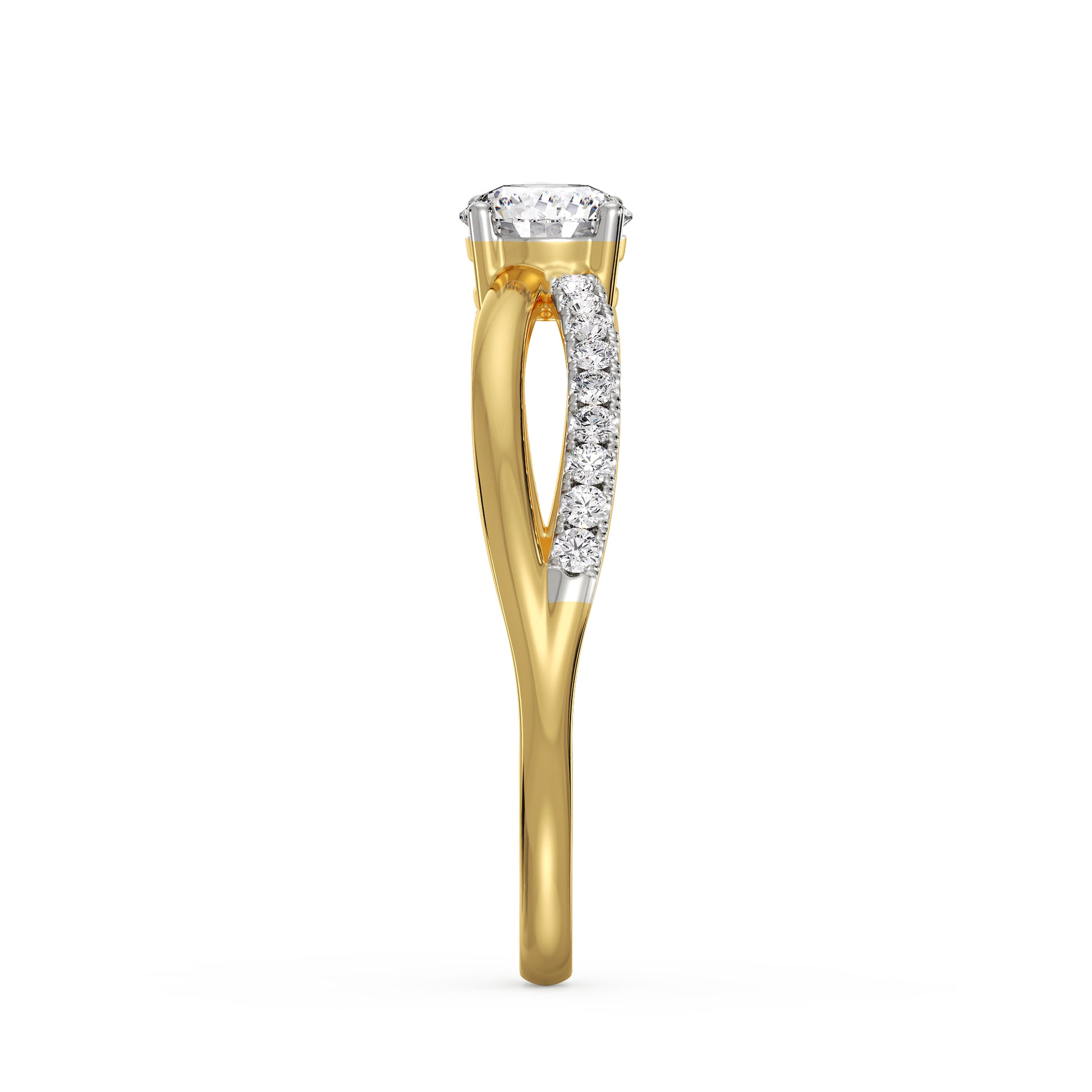 18K Yellow Gold Round Diamond Engagement Ring Criss-Cross Pavé Band Side View La Joyeria