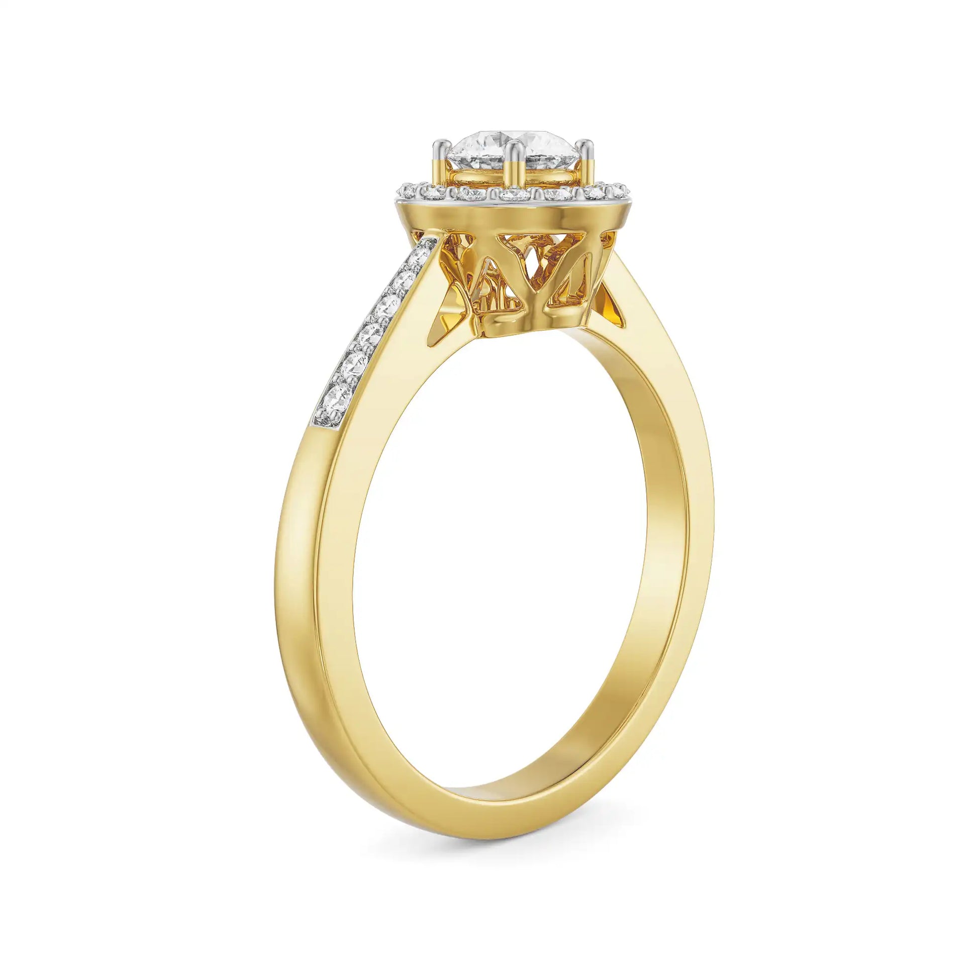 18K Yellow Gold Round Diamond Halo Ring Side View 