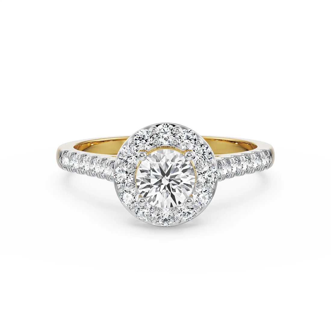 18K Yellow Gold Round Diamond Halo Ring with Pave Band