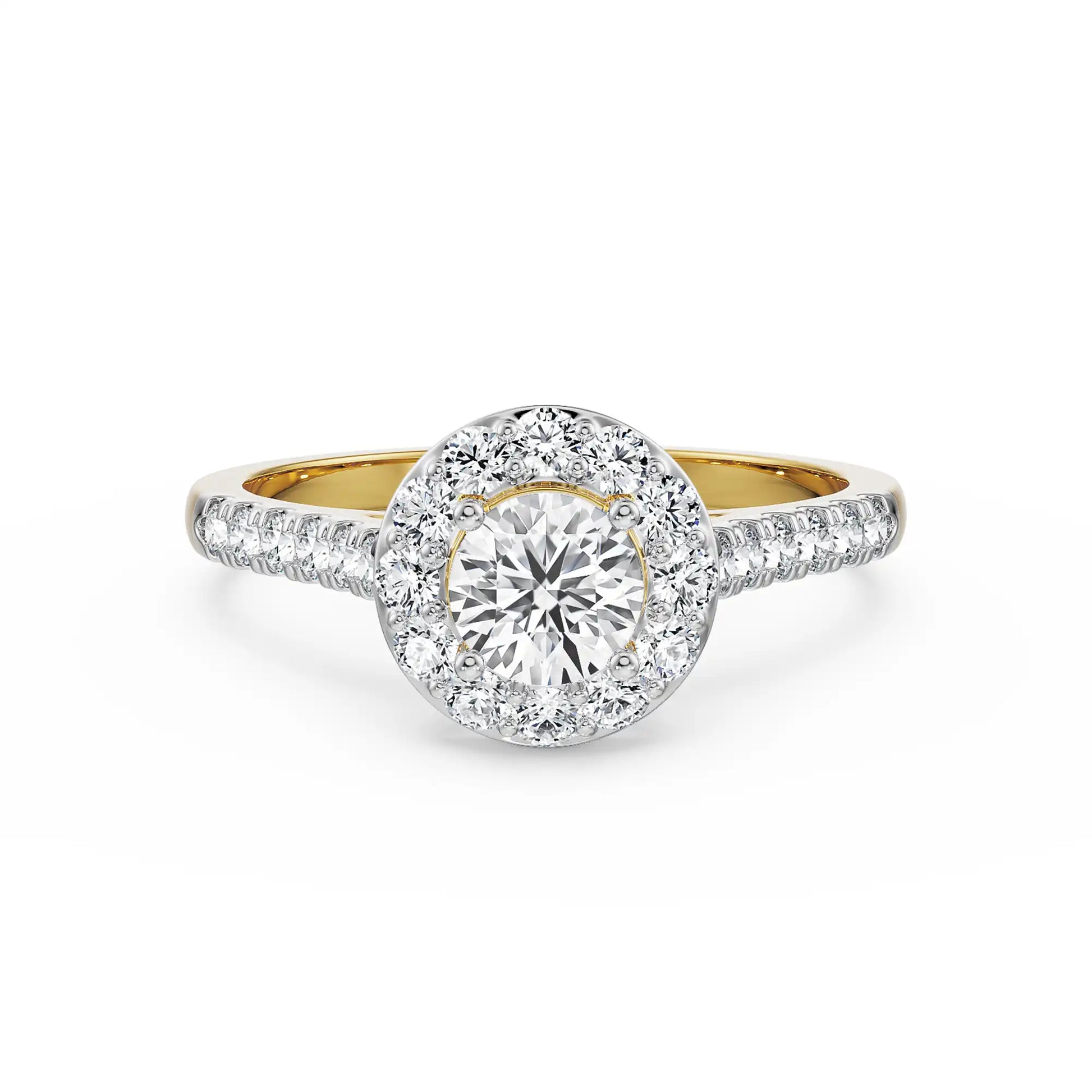 18K Yellow Gold Round Diamond Halo Ring with Pave Band