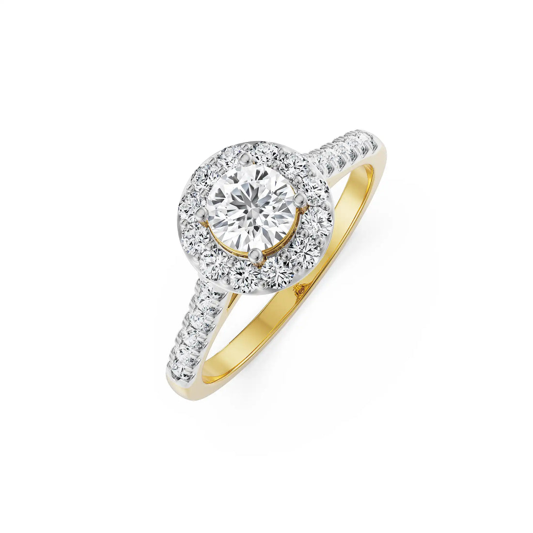 18K Yellow Gold Round Diamond Halo Ring with Pave Band