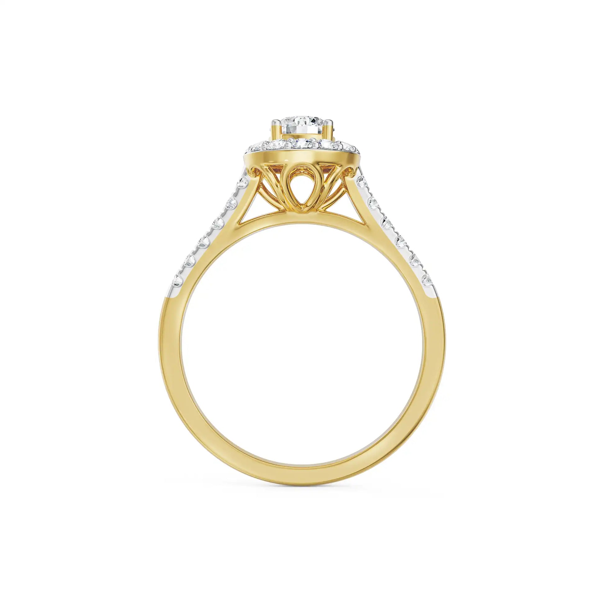 18K Yellow Gold Round Diamond Halo Ring with Pave Band Side View