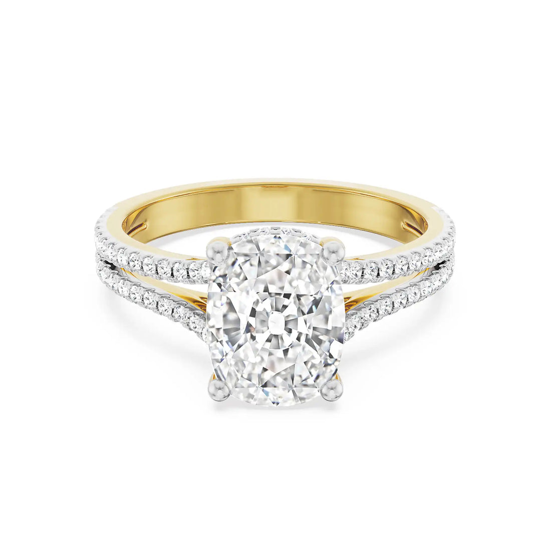 18K Yellow Gold Split Shank Cushion Cut Diamond Engagement Ring