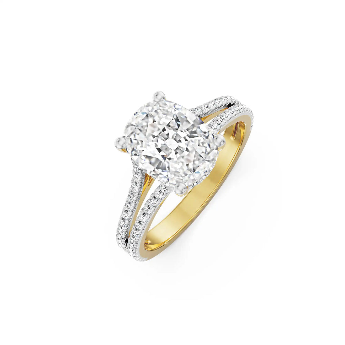 18K Yellow Gold Split Shank Cushion Cut Diamond Engagement Ring