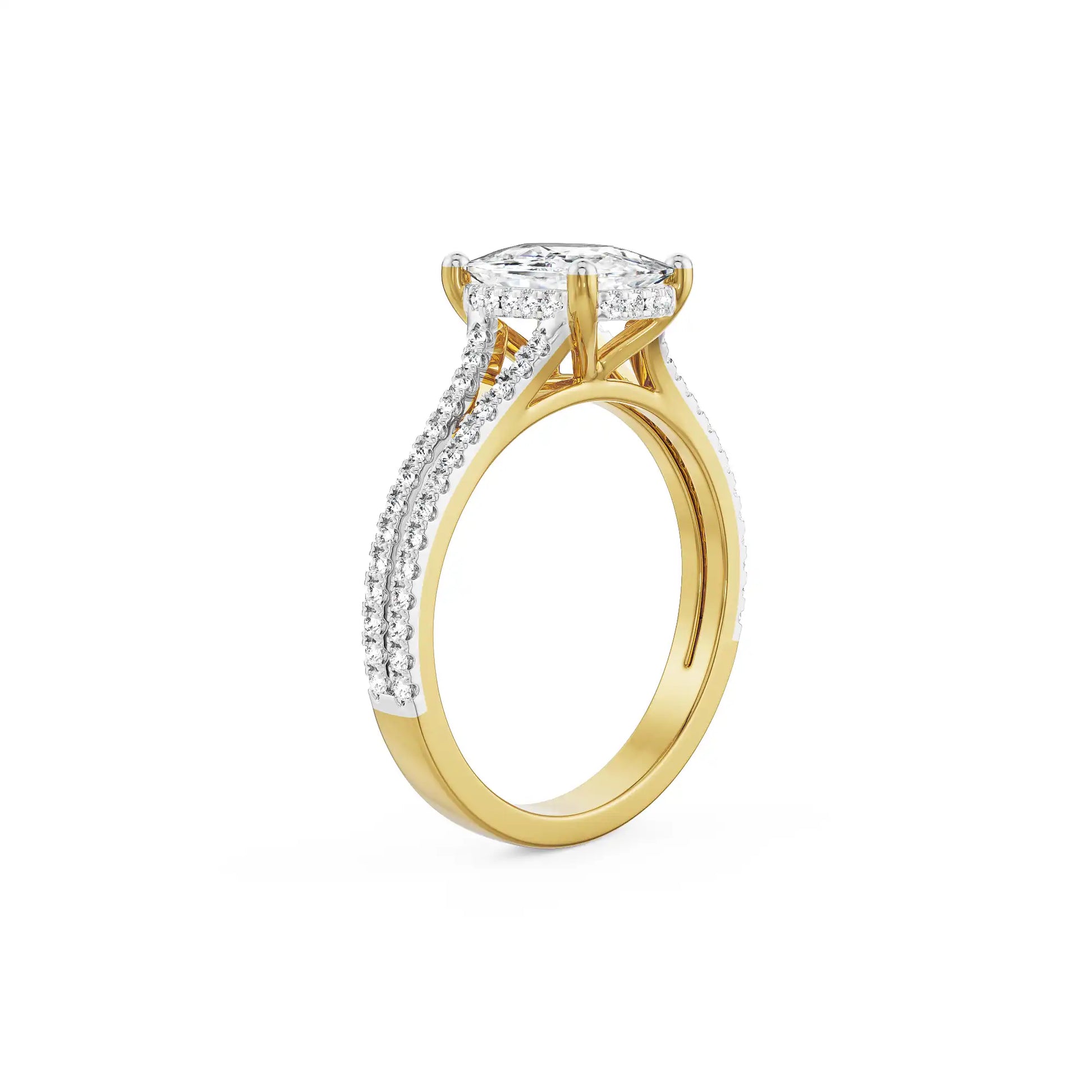 18K Yellow Gold Split Shank Cushion Cut Diamond Engagement Ring Side View