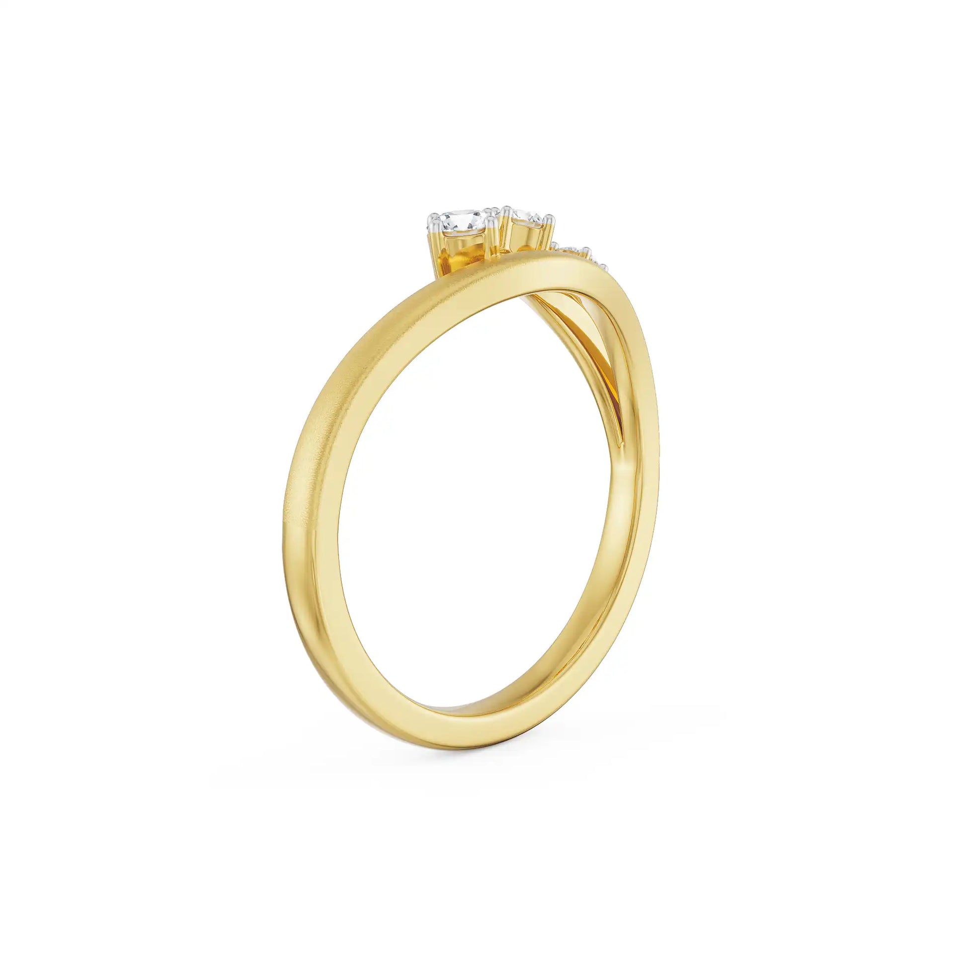 18K Yellow Gold Three Stone Diamond Bypass Ring with Dual Finish Front View Side View