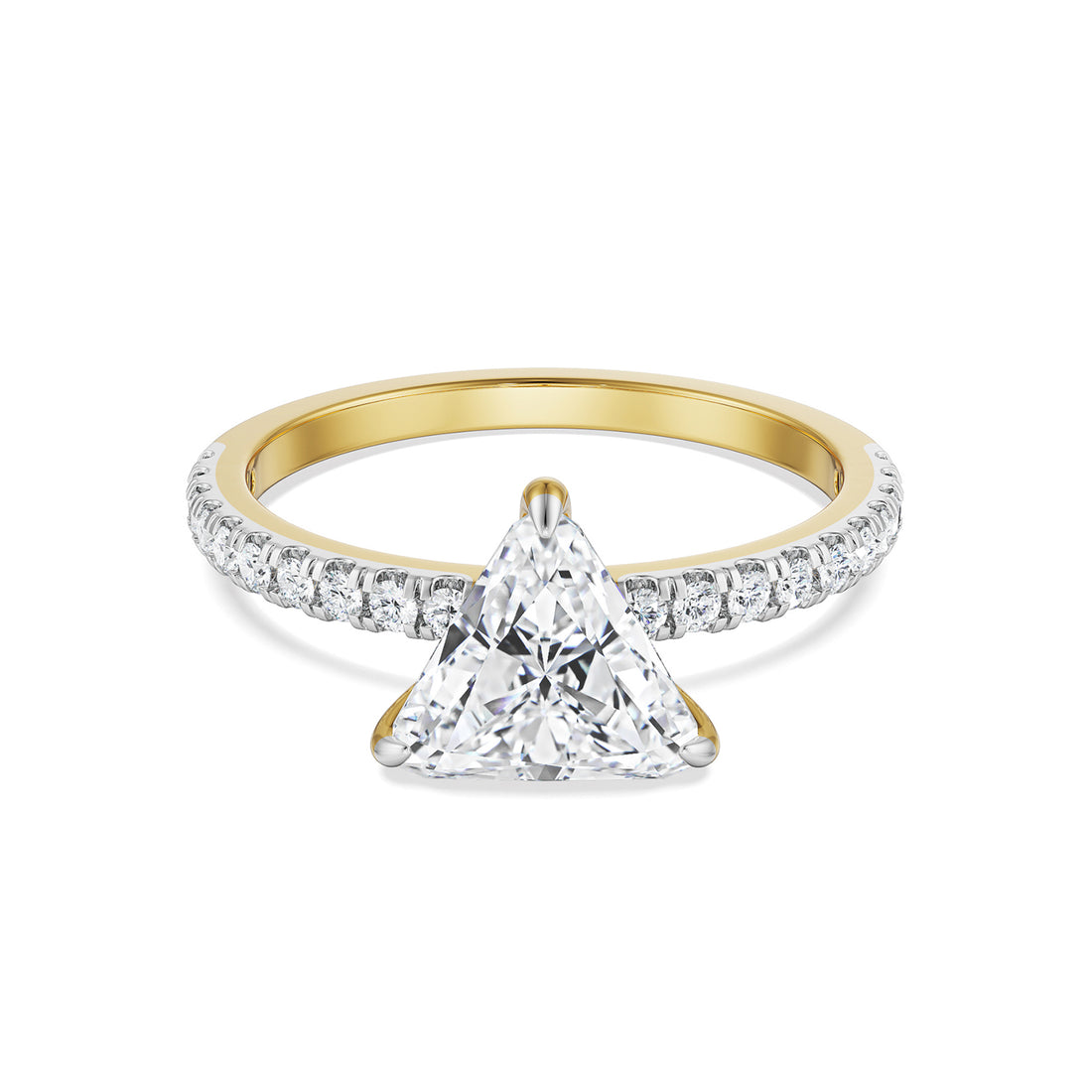 18K Yellow Gold Trillion Cut Diamond Ring with Pave Band