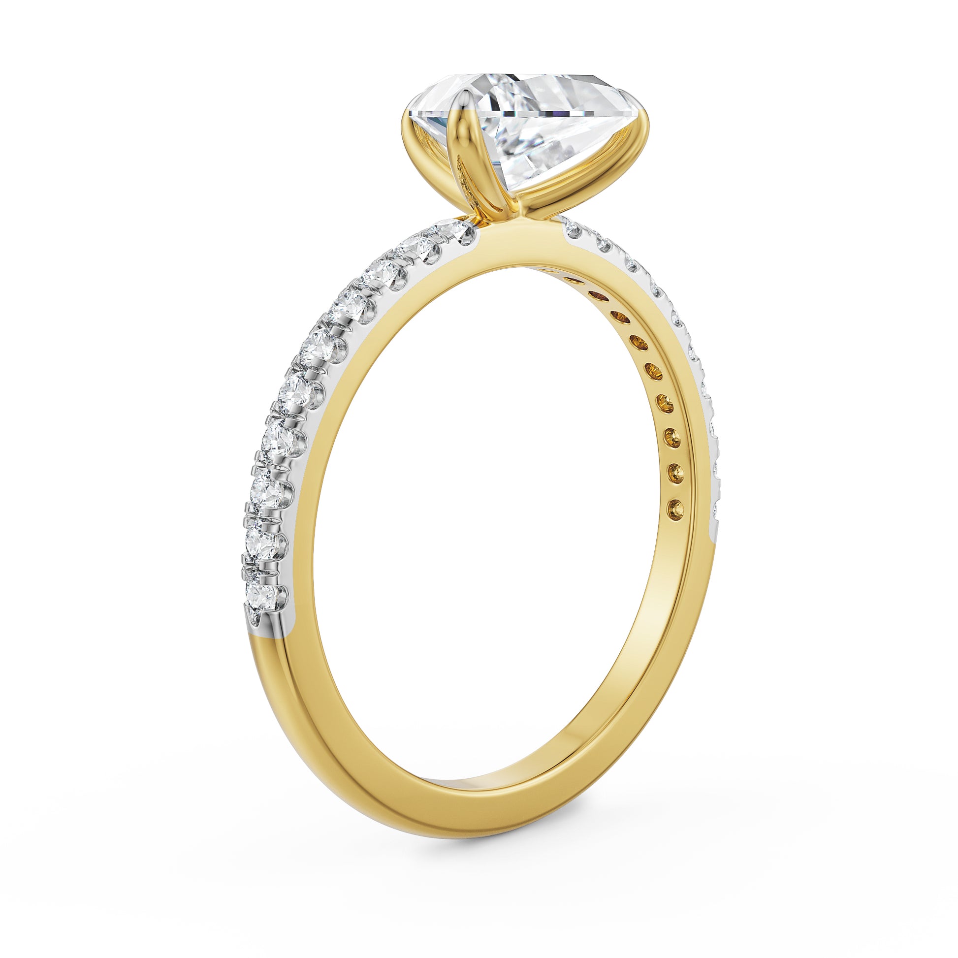 18K Yellow Gold Trillion Cut Diamond Ring with Pave Band Side View