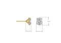 Diamond earring with gold prong setting and measurements on a white background