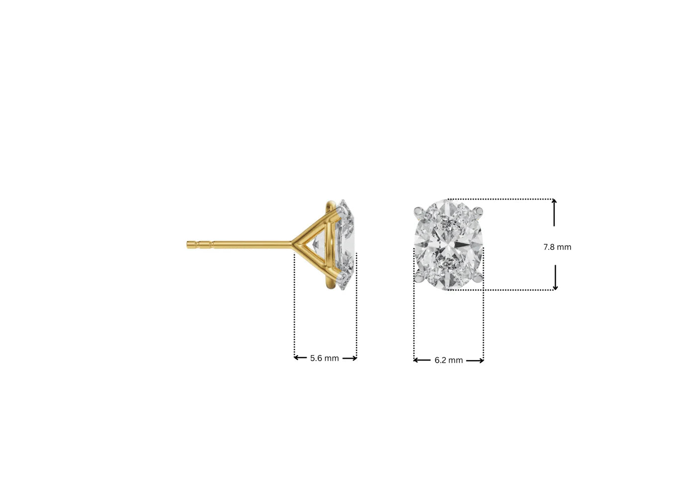 Diamond earring with gold prong setting and measurements on a white background