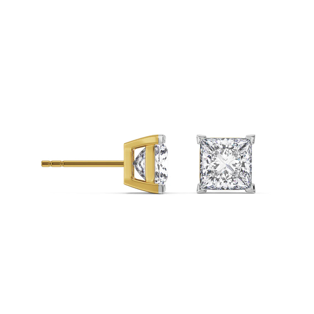Gold and silver diamond stud earrings on a white background