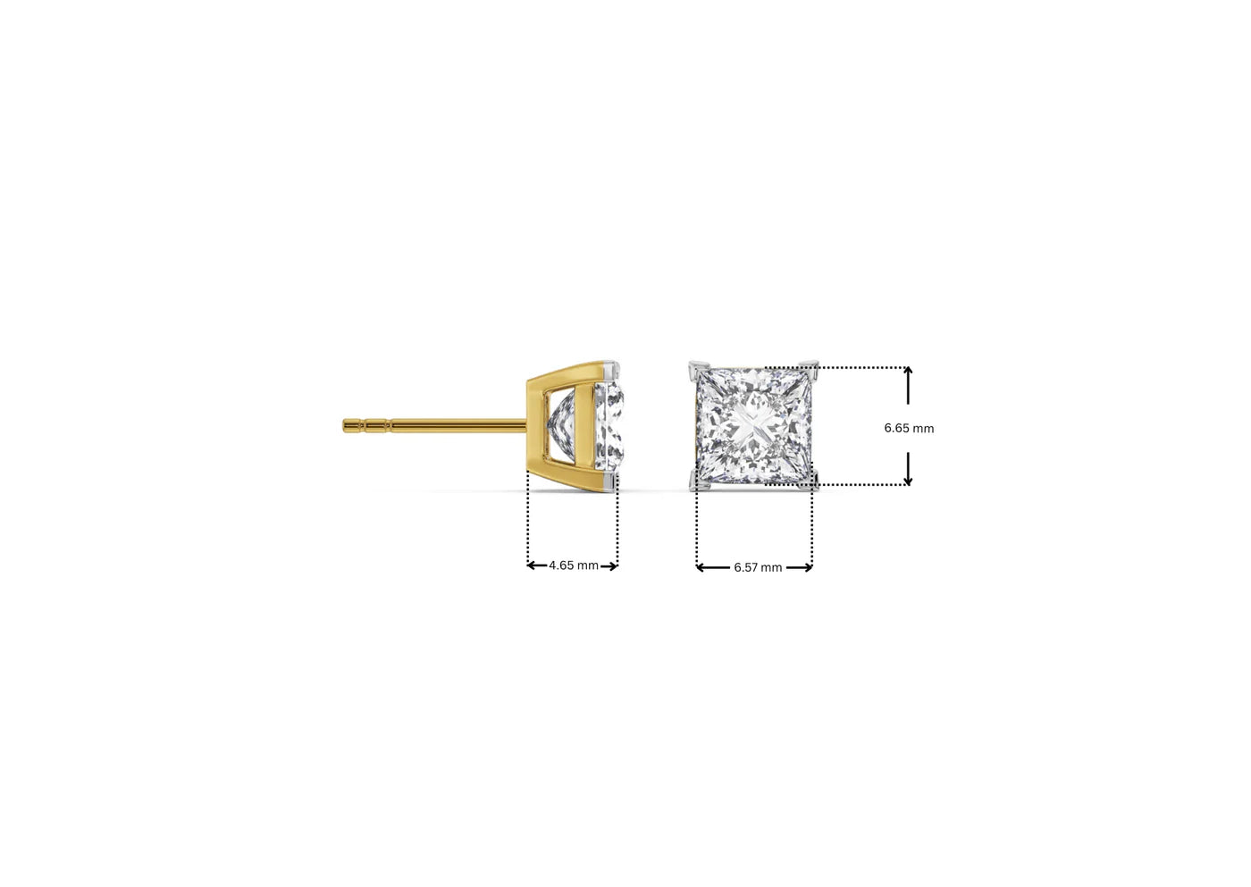Gold and silver diamond stud earrings with measurements on a white background