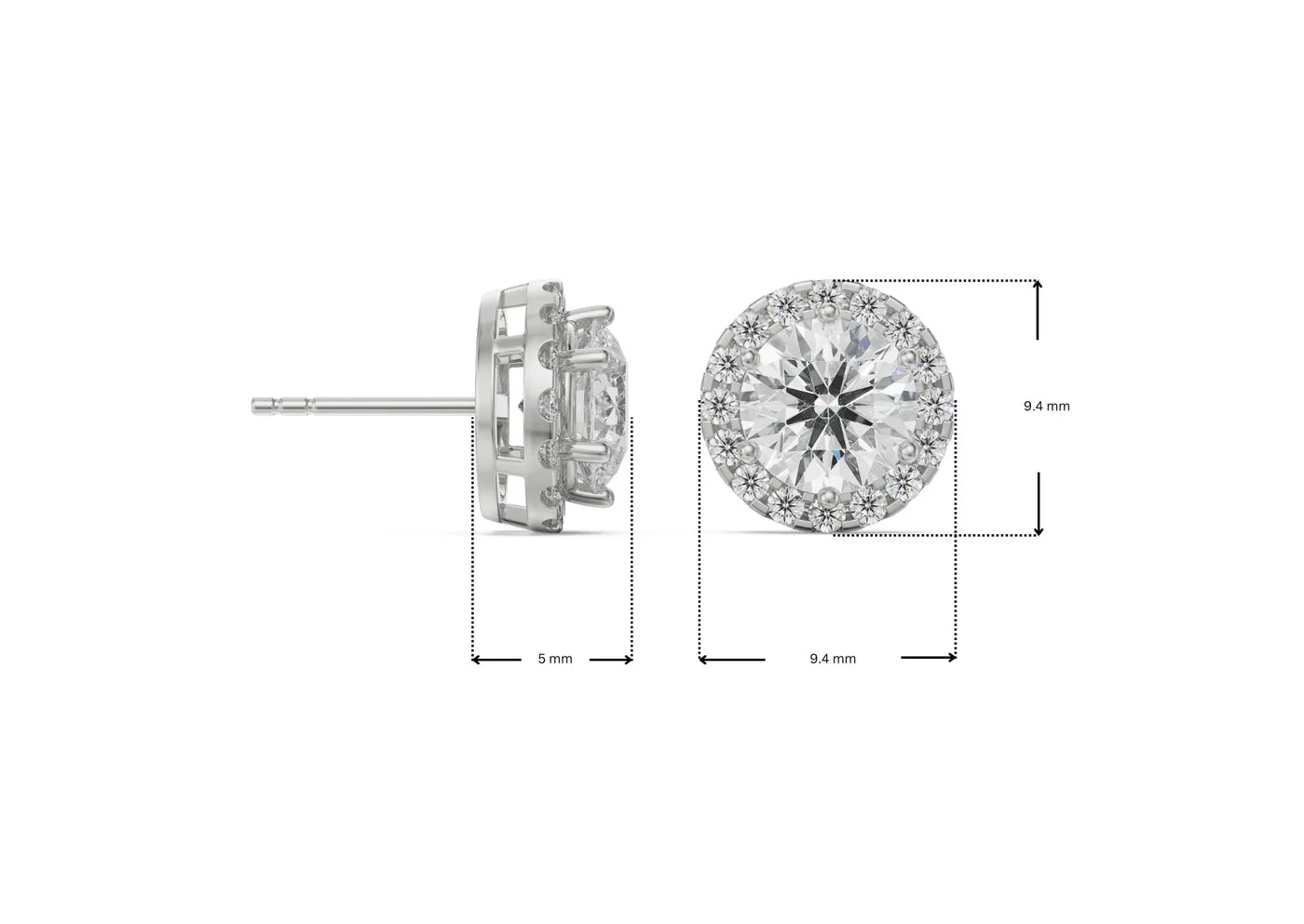 Diamond earring with dimensions on a white background