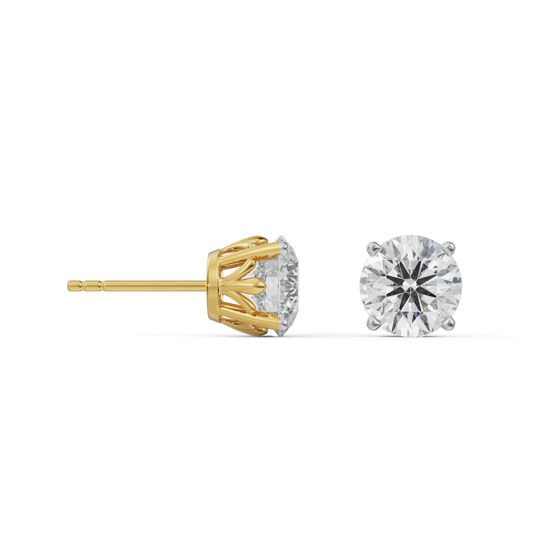 Gold and silver diamond stud earrings on a white background