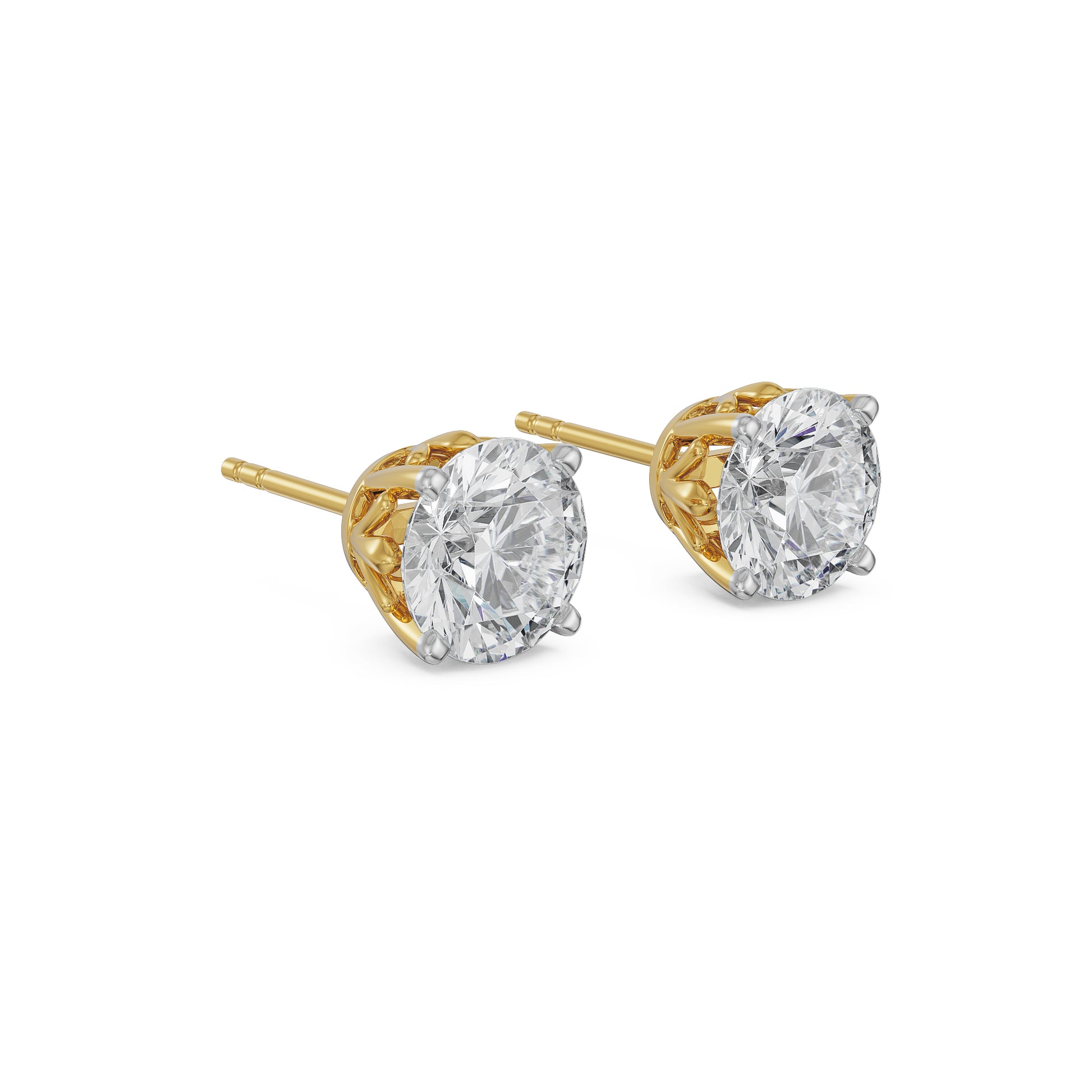 Pair of diamond stud earrings with gold and silver posts on a white background